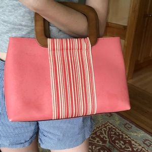 Pink and white Kate Spade Purse with Wooden Handle